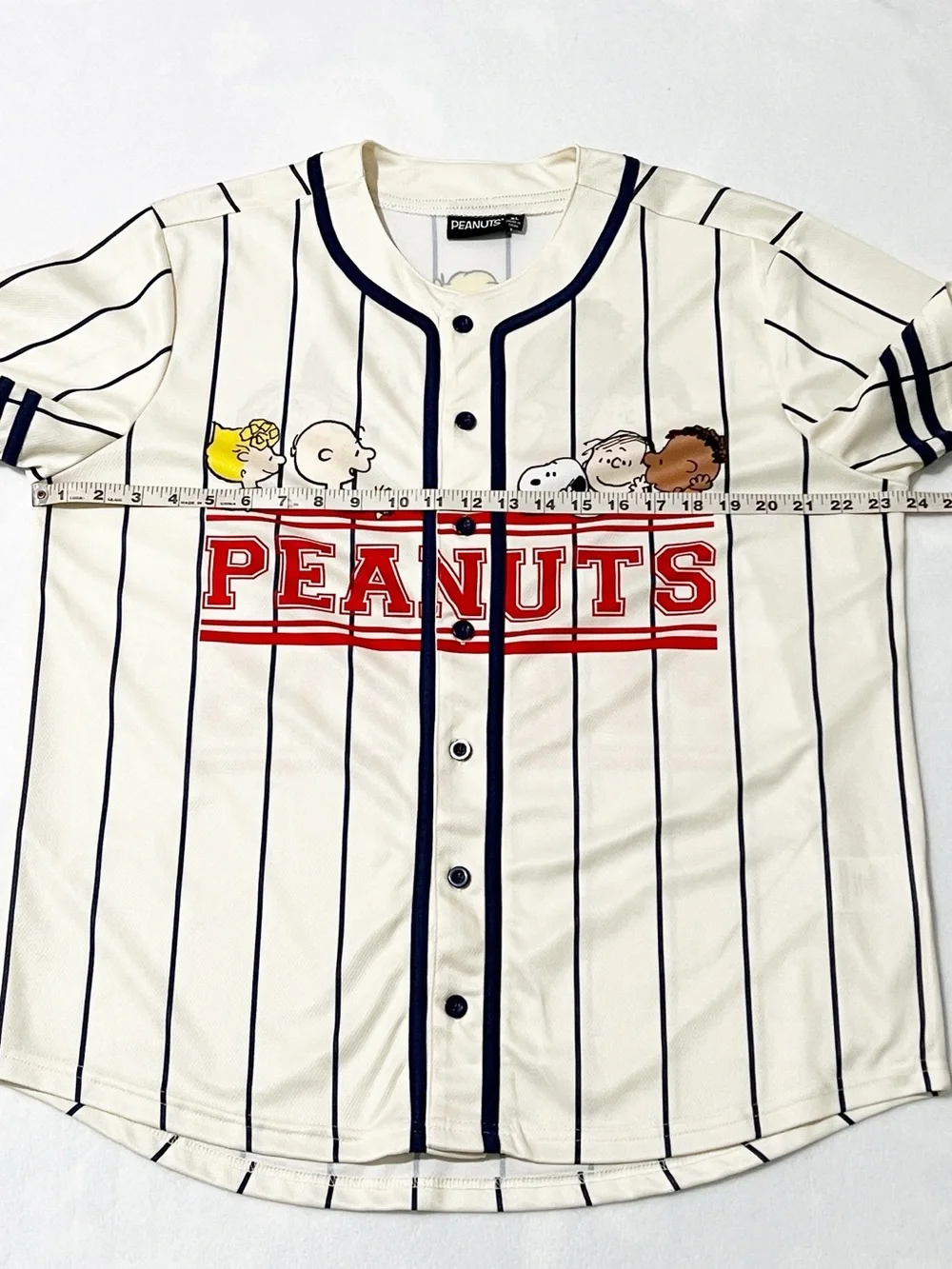 Peanuts Cream Stripes Graphic Jersey Button Down Sporty Athletic XL